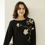 Womens Boat Neck Cashmere Sweater Embroidery Flowers Cashmere Pullover Wool Cashmere Sweater