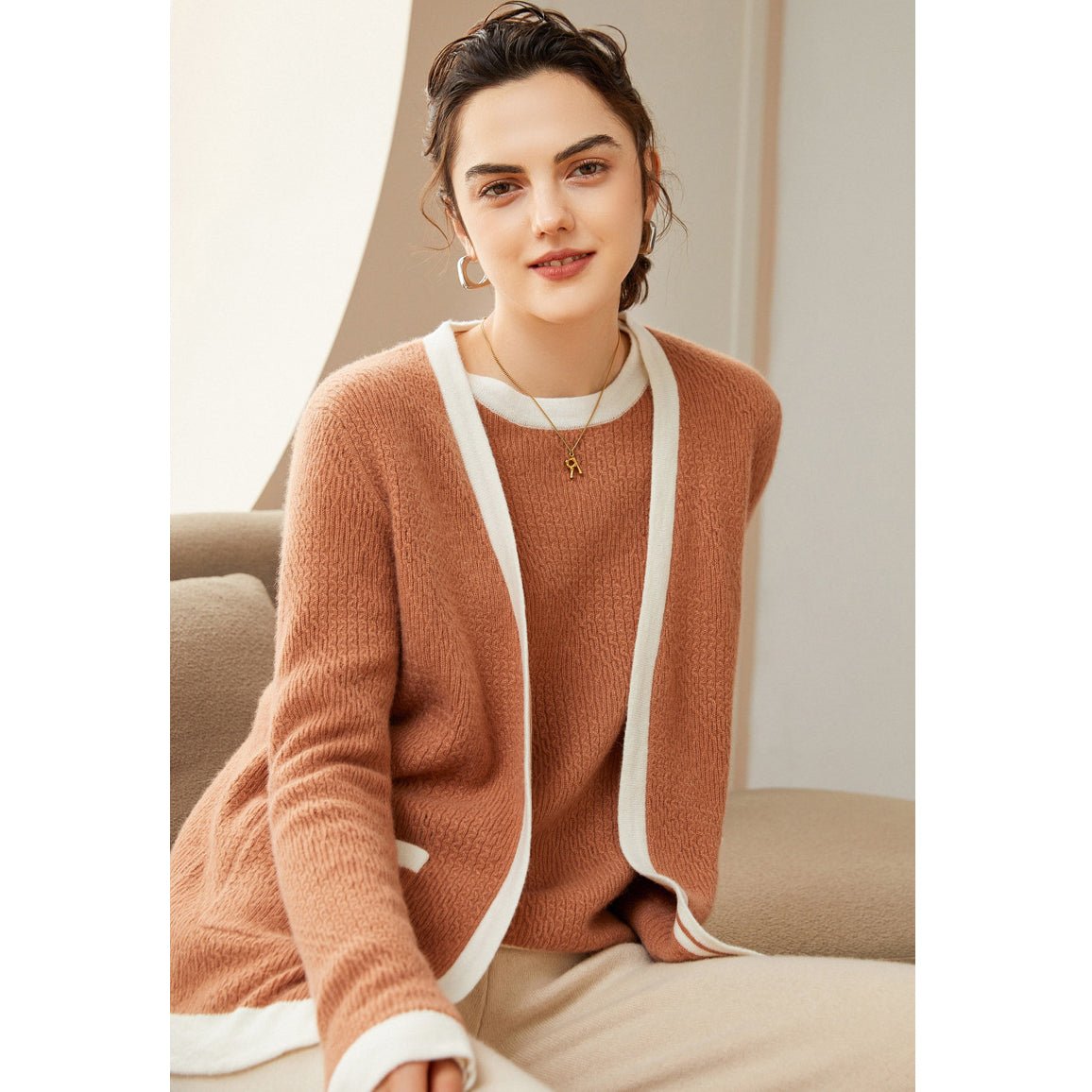 Women's Cable-Knit 100% Cashmere Long Sleeves Colorblock Cardigan - slipintosoft