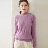 Womens Cable Knit Cashmere Sweater Mock Neck Cashmere Pullover Ribbed Trim Purple XS