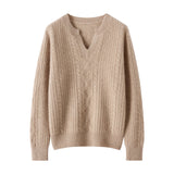 Womens Cable Knit Cashmere Sweater V Neck Ribbed Cashmere Pullover Jumper Taupe XS