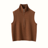 Womens Cable Knit Cashmere Vest Zip Mock Neck Cashmere Sweater Vest Coffee XS