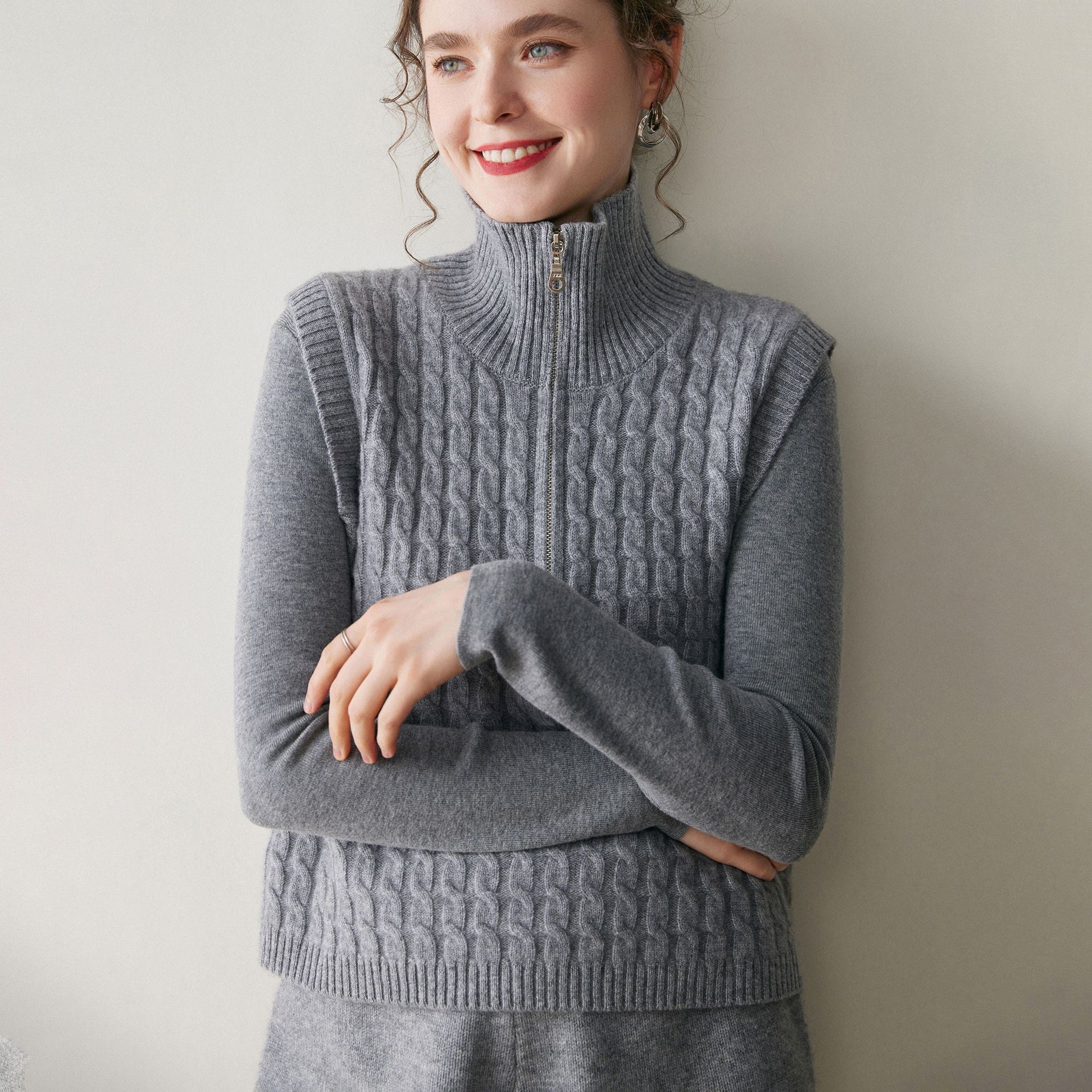 Womens Cable Knit Cashmere Vest Zip Mock Neck Cashmere Sweater Vest Gray XS