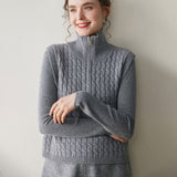 Womens Cable Knit Cashmere Vest Zip Mock Neck Cashmere Sweater Vest Gray XS