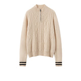 Womens Cable Knit Quarter-Zip Pure Cashmere Sweater Contrast Striped Cashmere Pullover Beige XS
