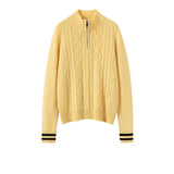 Womens Cable Knit Quarter-Zip Pure Cashmere Sweater Contrast Striped Cashmere Pullover Yellow XS
