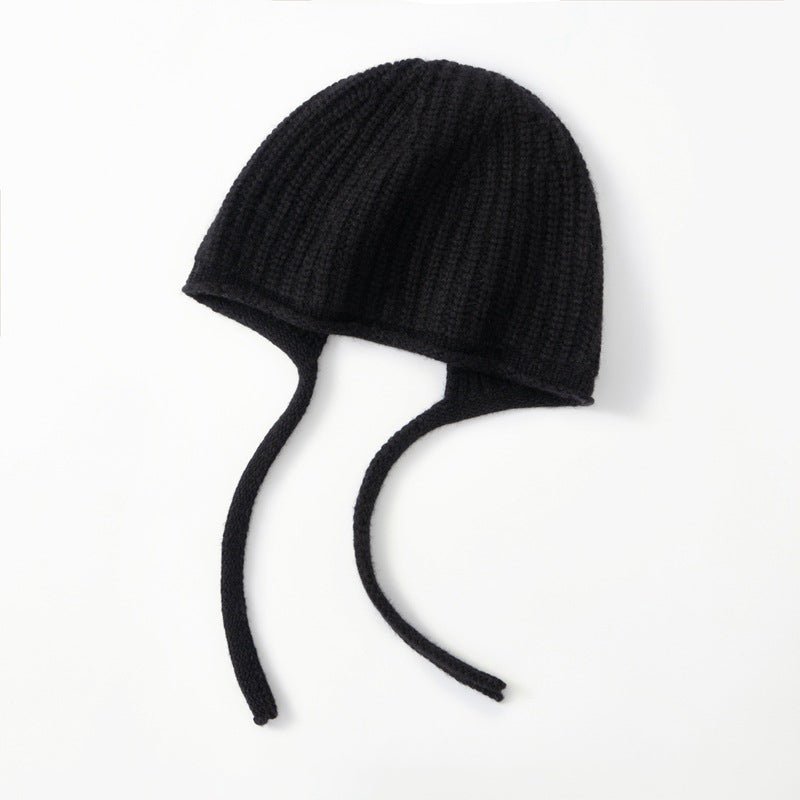 Womens Cashmere Bonnet Hat with Ties Winter Earflap Cashmere Knit Beanie