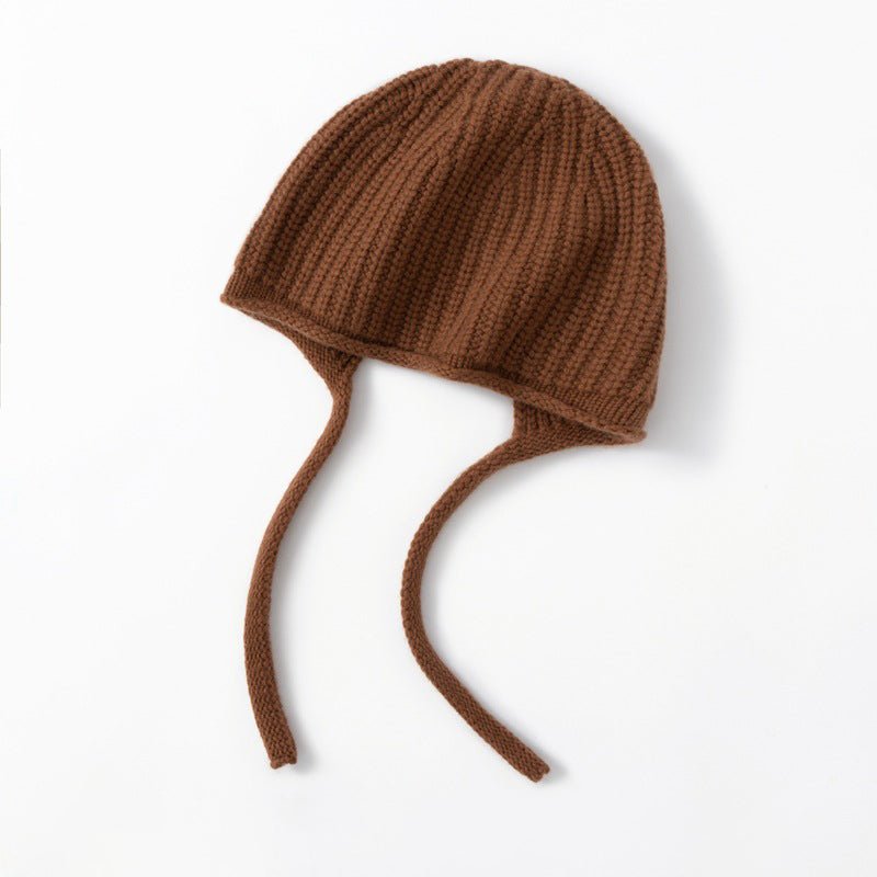 Womens Cashmere Bonnet Hat with Ties Winter Earflap Cashmere Knit Beanie