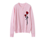 Womens Cashmere Cardigan Rose Embroidered Button Front Cashmere Knit Sweater Pink XS