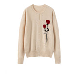 Womens Cashmere Cardigan Rose Embroidered Button Front Cashmere Knit Sweater Beige XS