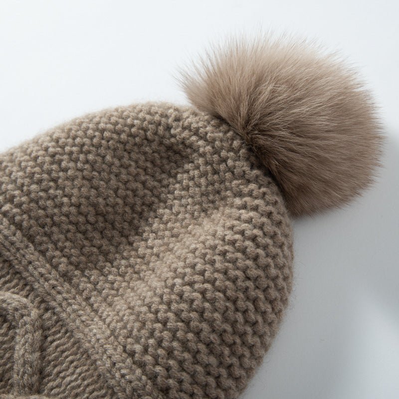 Womens Cashmere Hat with Pom Earflap Cashmere Beanie with Braided Ties