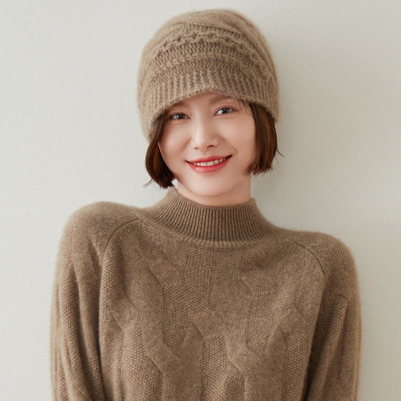 Women's Cashmere Hats Solid Cable-Knitted Cashmere Beanie Hat - slipintosoft