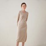 Womens Cashmere Knit Midi Dress Long Sleeve V Neck Cashmere Dress