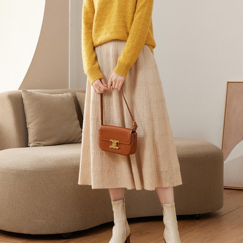 Womens Cashmere Knit Midi Skirt A-Line Pleated Cashmere Sweater Skirt Beige XS