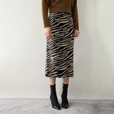 Womens Cashmere Knit Midi Skirt High Waist Zebra Stripe Print Dress