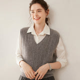 Womens Cashmere Sweater Cashmere Vest V Neck Cable Knit Sleeveless Pullover Gray XS