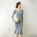 Womens Cashmere Sweater Dress Long Sleeve Ribbed Knit Cashmere Midi Dress Gray XS