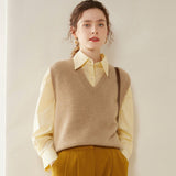 Womens Cashmere Sweater Vest Sleeveless Cashmere Knit Pullover Rib Hem Camel XS