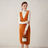 Womens Cashmere Vest Dress V Neck Cable Knit Sleeveless Cashmere Midi Dress Orange XS