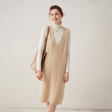Womens Cashmere Vest Dress V Neck Cable Knit Sleeveless Cashmere Midi Dress Beige XS