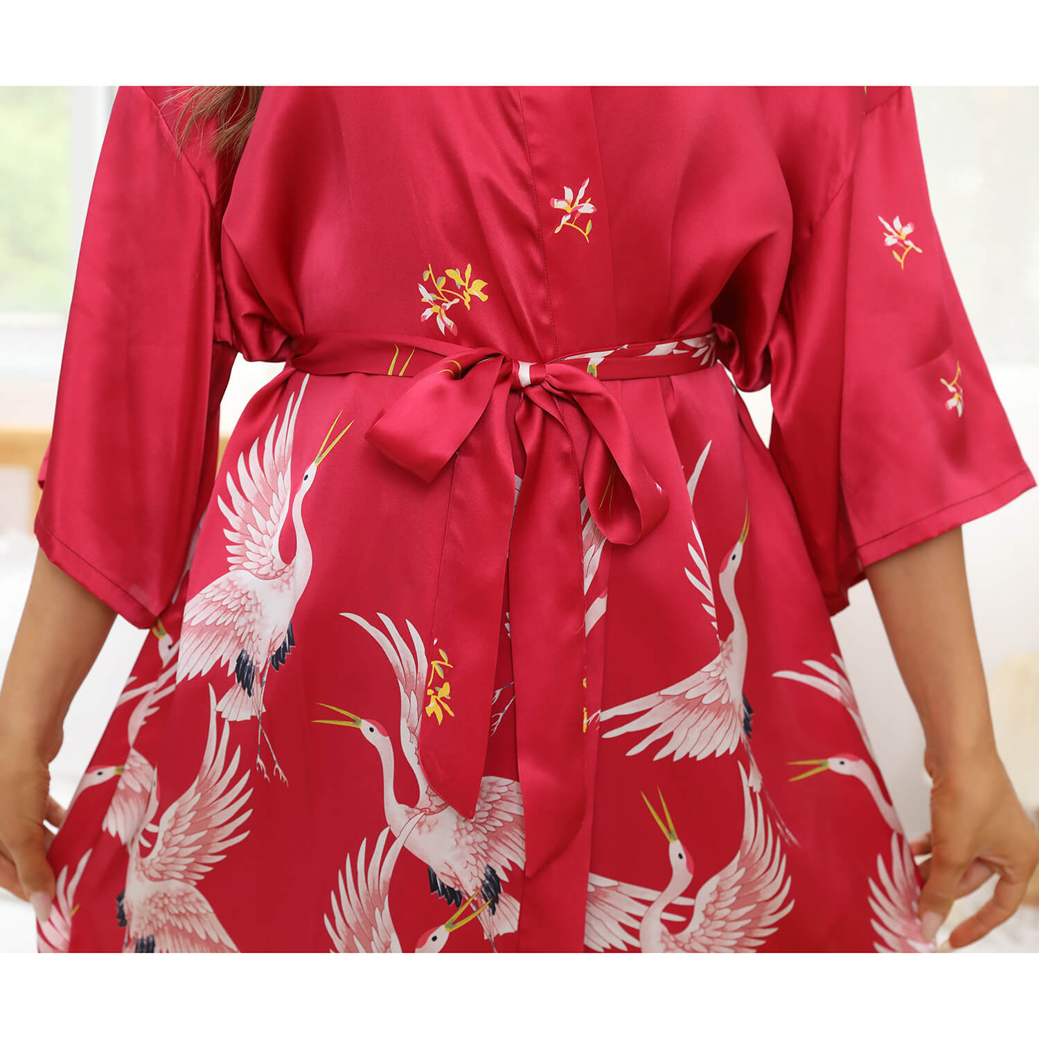 Womens Crane Print Silk Kimono Robe Bridesmaid Silk Robes