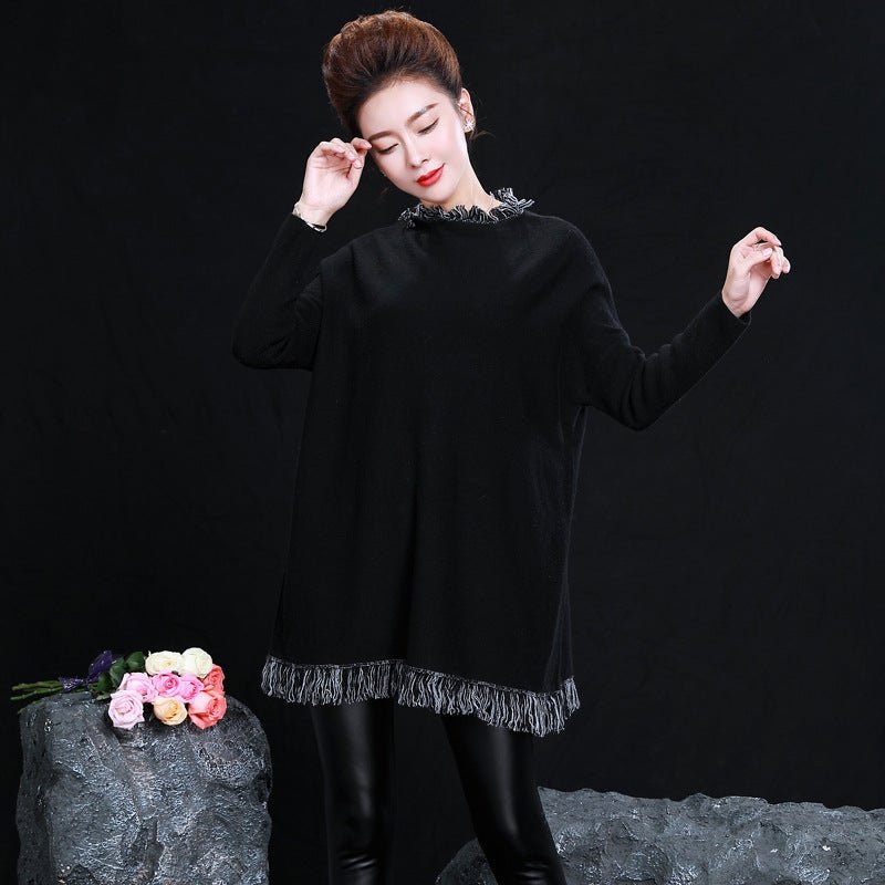 Womens Crew Neck Cashmere Dresses Long Sleeve Cashmere Sweater Dress with Tassel - slipintosoft