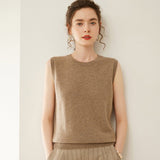 Womens Crew Neck Cashmere Sweater Cashmere Vest Sleeveless Knit Top Taupe XS