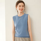 Womens Crew Neck Cashmere Sweater Cashmere Vest Sleeveless Knit Top Blue XS