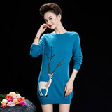 Womens Crew Neck Cashmere Sweater Dress with Deer Embroidery