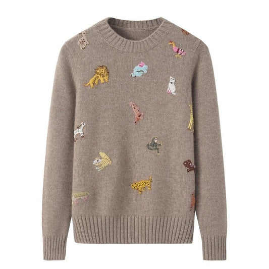 Womens Crew Neck Cashmere Sweater Embroidery Animals Cashmere Pullover Pure Cashmere Sweater