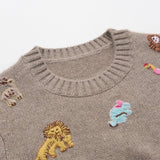 Womens Crew Neck Cashmere Sweater Embroidery Animals Cashmere Pullover Pure Cashmere Sweater