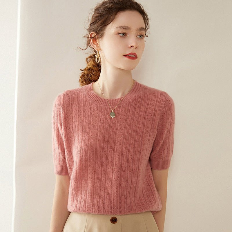 Womens Crew Neck Cashmere Sweater Short Sleeve Textured Cashmere Knit Top Pink XS