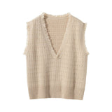 Womens Fringed V - Neck Cashmere Sweater Sleeveless Cashmere Vest