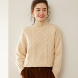Womens Diamond Knit Cashmere Sweater Turtleneck Cashmere Pullover Beige XS