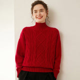 Womens Diamond Knit Cashmere Sweater Turtleneck Cashmere Pullover Red XS