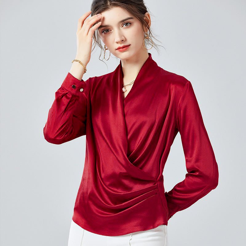 Womens Long Sleeves Loose Wrap Silk Blouse - slipintosoft