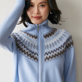Womens Fair Isle Cashmere Cardigan Full Zip Mock Neck Cashmere Sweater Blue XS