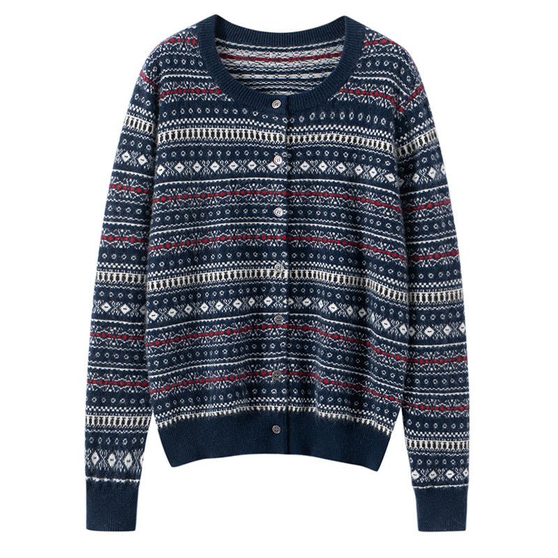 Womens Fair Isle Pure Cashmere Cardigan Crew Neck Button Up Cashmere Sweater Navy Blue XS