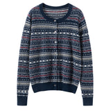 Womens Fair Isle Pure Cashmere Cardigan Crew Neck Button Up Cashmere Sweater Navy Blue XS