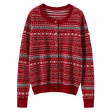 Womens Fair Isle Pure Cashmere Cardigan Crew Neck Button Up Cashmere Sweater Red XS