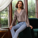 Women's Fashionable V-neck Bell Sleeve Long Sleeve Silk Blouse - slipintosoft