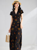 Womens Floral Print Silk Midi Dress V Neck Lace Trim A Line Silk Dress Black XS