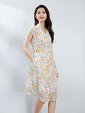 Womens Floral Silk Dress with Drawstring Waist Cap Sleeve Silk Midi Dress Ivory XS