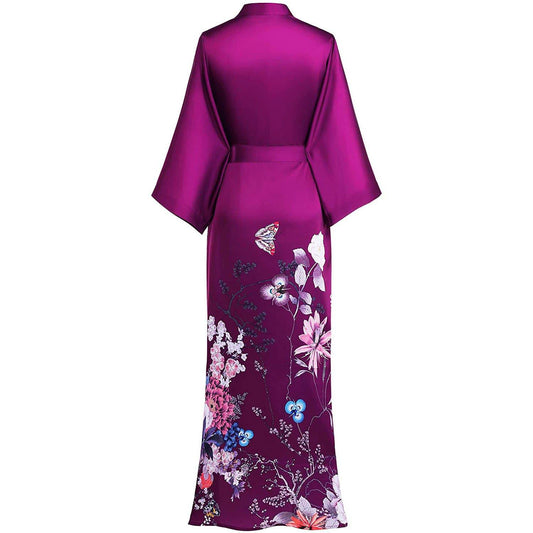 Women's Long Purple Silk Kimono Robe with Sash Colorful Blossoms and Butterflies Paints All Sizes - slipintosoft