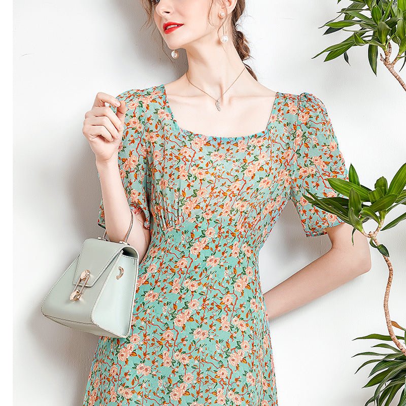 Womens Floral Silk Midi Dress Puff Sleeve Square Neck Silk Dresses