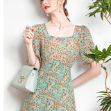 Womens Floral Silk Midi Dress Puff Sleeve Square Neck Silk Dresses