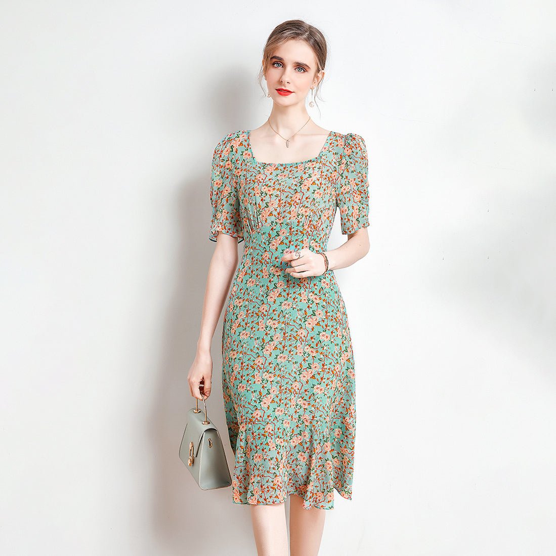 Womens Floral Silk Midi Dress Puff Sleeve Square Neck Silk Dresses