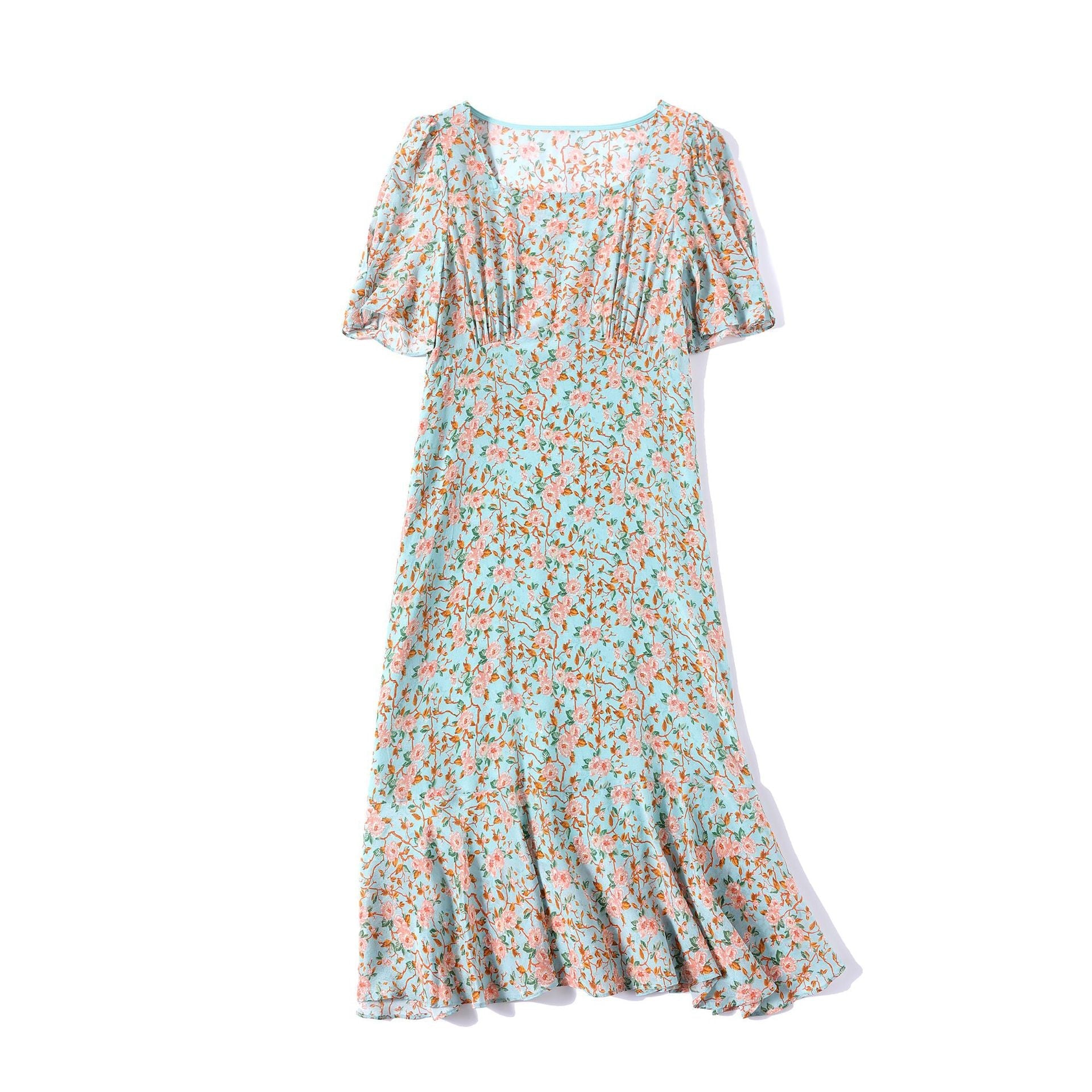 Womens Floral Silk Midi Dress Puff Sleeve Square Neck Silk Dresses