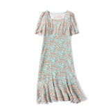 Womens Floral Silk Midi Dress Puff Sleeve Square Neck Silk Dresses