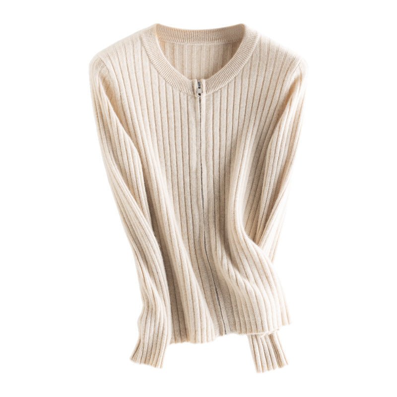 Women's Full Zip-up Cashmere Cardigans Round Neck Slim Fit Cashmere Sweater - slipintosoft