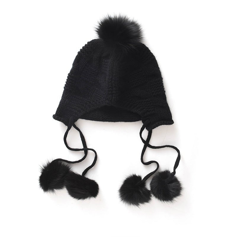 Womens Fur Pom Cashmere Knitted Beanie Ladies Cashmere Hat with Drop Fur Poms Cashmere Hats